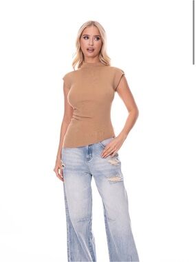 Sleeveless Mock Neck Ribbed Top in Tan